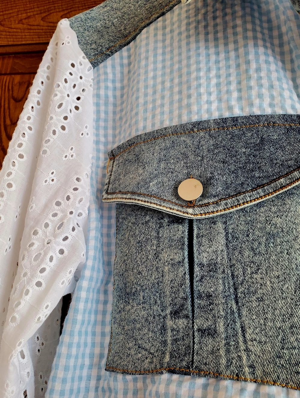 Jolie & Joy Mixed Media Cropped Shacket - Light Blue Eyelet & Gingham - Picture 2 of 5
